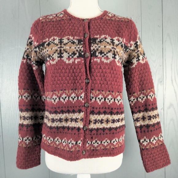 Eddie Bauer Lambswool Cardigan Sweater Petite XS Red Fair Isle Chunky Knit Warm - Picture 1 of 11